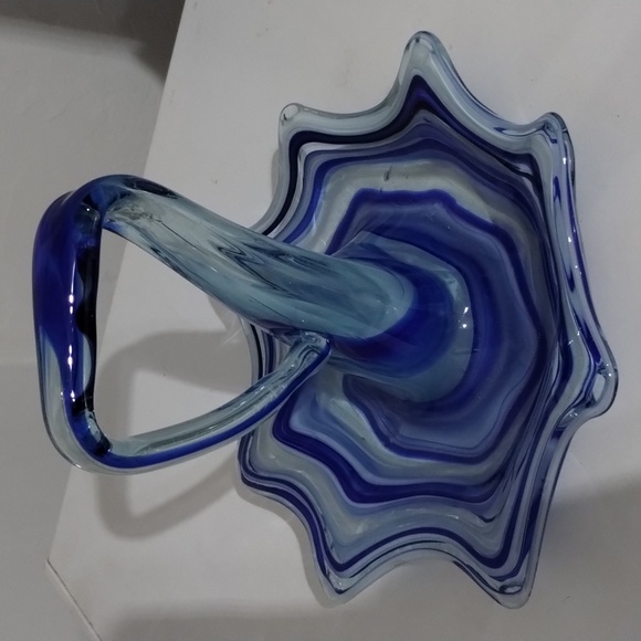 Blue & clear swirl Art Glass umbrella dish with handle vintage - Picture 4 of 7